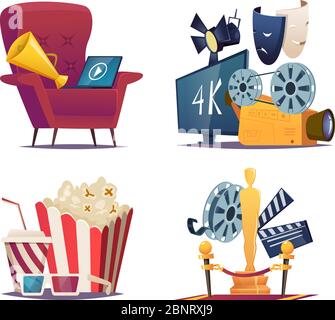 Kino-Cartoon. Unterhaltung konzeptionelle Sammlungen mit Symbolen von Kino und Theater Megaphon maskiert Popcorngläser Vektor Stock Vektor