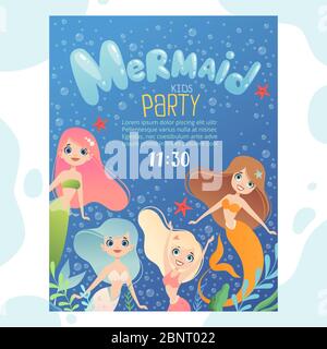 Einladung zur Meerjungfrau-Party. Design Vorlage laden Kinder Geburtstagskarten mit lustigen Unterwasser Zeichen Fisch und junge Meerjungfrau Prinzessin Stock Vektor