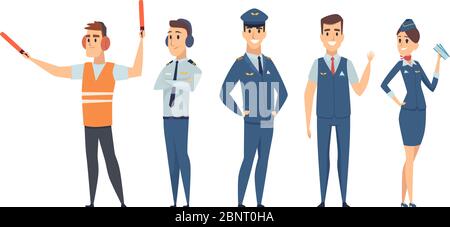 Pilotprojekte. Avia Firma Personen Crew Piloten Stewardess Flugzeug Befehl zivile Luftfahrt Vektor-Zeichen im Cartoon-Stil Stock Vektor