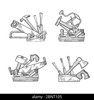 Vektor handgezeichnete Holzbearbeitungswerkzeuge gesetzt Stock Vektor