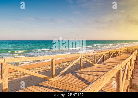 Landschaft der Holzsteg der Strand im Sommer zu gelangen. Guardamar, Alicante, Spanien. Stockfoto