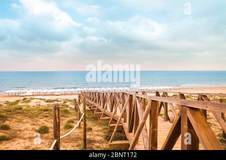 Landschaft aus Holz Weg, um den Strand im Sommer zu erreichen. Guardamar, Alicante, Spanien Stockfoto