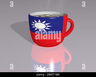 TAIWAN auf einer Tasse heißen Kaffee in einer 3D-Illustration mit realistischer Perspektive und Schatten auf dem Boden gespiegelt platziert Stockfoto