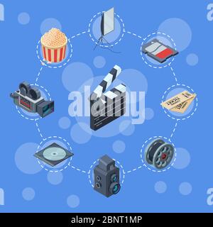 Vector Kinematograph isometrische Elemente Infografik Konzept Illustration Stock Vektor