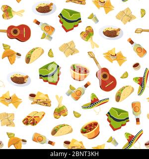 Vektor Cartoon mexikanische Lebensmittel Muster oder Hintergrund Illustration Stock Vektor