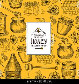 Vektor-Hintergrund mit skizzierten konturierten Honig Themenelemente mit Logo oder Abzeichen für Hone Shop oder Bauernhof Stock Vektor