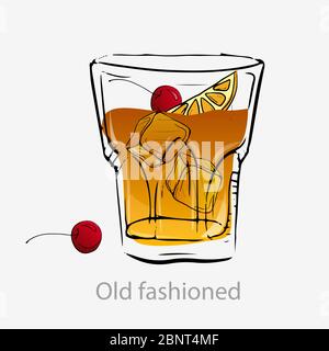 Altmodischer Cocktail. Orangencocktail mit Orangenscheibe Eiswürfel Kirschen. Stock Vektor