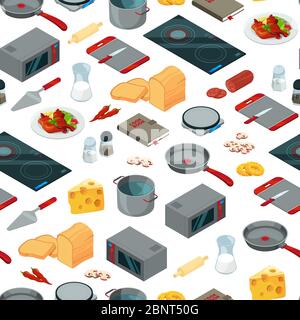 Vektor Kochen Lebensmittel isometrische Objekte Hintergrund oder Muster Illustration Stock Vektor