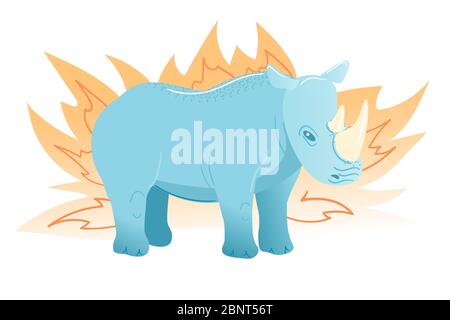 Rhinoceros Postkarte im flachen Stil auf weißem Hintergrund. Cartoon blaue Tier Charakter. Afrikanische Säugetier niedliches Design. Rhino in gelber Busch Vektorgrafik. Kinder Zoo Grußkarte isoliert Clipart. Stock Vektor