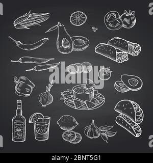 Vektor skizzierte mexikanische Lebensmittel-Elemente auf schwarzer Tafel gesetzt Stock Vektor