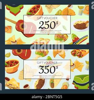 Vektor Cartoon mexikanische Lebensmittel Rabatt oder Geschenk Gutschein Vorlagen Illustration Stock Vektor