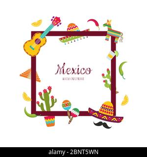 Vektor flach Mexiko Attribute mit Platz für Text Illustration Stock Vektor