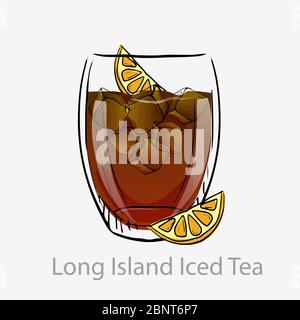 Cocktail Long Island Eistee. Dunkle Orange Cocktail Eiswürfel Limettenscheibe den ganzen Tag Alkohol Wodka. Stock Vektor