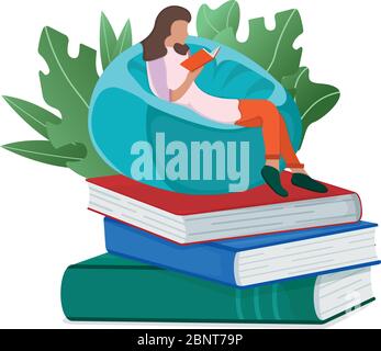 Konzept Online-Studie, winzige Frau sitzen Buch Stapel isoliert auf weißen Cartoon Vektor-Illustration. Charakter weiblichen Arbeitsplatz moderne Bildungsschule Stock Vektor