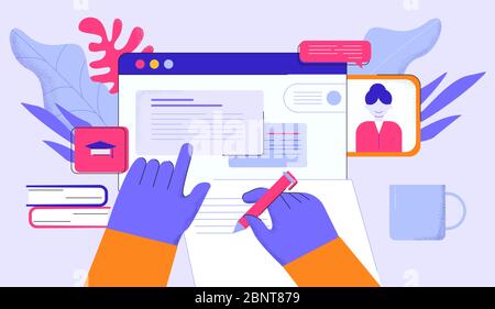 Cartoon menschliche Hände machen Notizen während der Online-Kurs auf Computer-Vektor-flache Illustration Stock Vektor