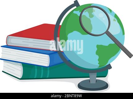 Konzept Stapel Buch Schule Zeug mit Globus, Lupe isoliert auf weiß, Cartoon Vektor-Illustration. Studienmaterial Schule und Universität Text Stock Vektor