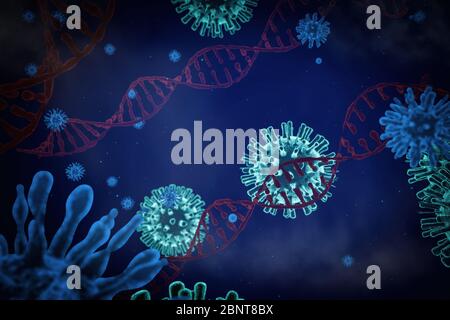Virus-Nahaufnahme auf dem Hintergrund einer DNA-Helix, RNA und Virus, 3D-Rendering Stockfoto
