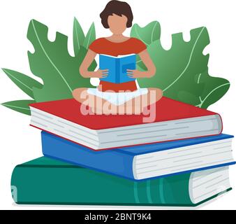 Konzept Online-Studie, winzige Frau sitzen Buch Stapel isoliert auf weißen Cartoon Vektor-Illustration. Charakter weiblichen Arbeitsplatz moderne Bildungsschule Stock Vektor