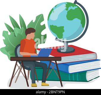 Konzept Online-Studie, winzigen Mann sitzen Buch Stapel isoliert auf weißen Cartoon Vektor-Illustration. Charakter männlichen Arbeitsplatz moderne Bildung Schulkamerad Stock Vektor