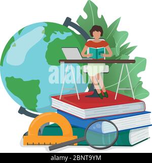 Konzept Online-Studie, winzige Frau sitzen Buch Stapel isoliert auf weißen Cartoon Vektor-Illustration. Charakter weiblichen Arbeitsplatz moderne Bildungsschule Stock Vektor