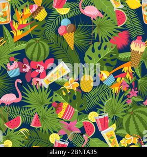 Vektor flach niedlichen Sommer Elemente, Cocktails, Flamingo, Palmblätter Muster oder Hintergrund Illustration Stock Vektor