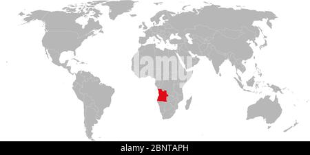 Angola rot auf der Weltkarte hervorgehoben. Afrikanisches Land. Perfekt für Geschäftskonzepte, Hintergründe, Hintergrund, Poster, Chart, Banner, Label, Aufkleber und Stock Vektor