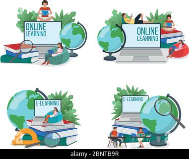 Set von Konzept Online-Studie, E lernen moderne Technologie isoliert auf weiß, Cartoon Vektor-Illustration. Winzige Charakter Person Arbeitsplatz, Bildung s Stock Vektor