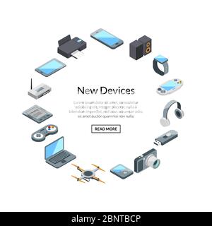 Gadset-Set-Beschriftung mit Text. Symbole für isometrische Vektorgrafiken Stock Vektor