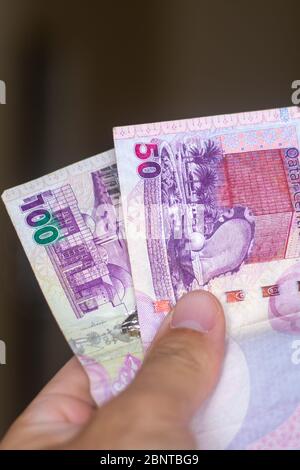 Personen Hand, die die Währung des Katar - eine fünfzig und hundert rial oder riyal Note verteilt auf einem braunen Hintergrund. Geldwechsel. Stockfoto