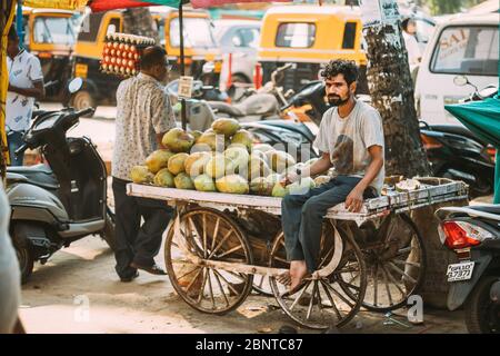 Canacona, Goa, Indien - 16. Februar 2020: Kokosnuss-Verkäufer Im Lebensmittelmarkt Stockfoto