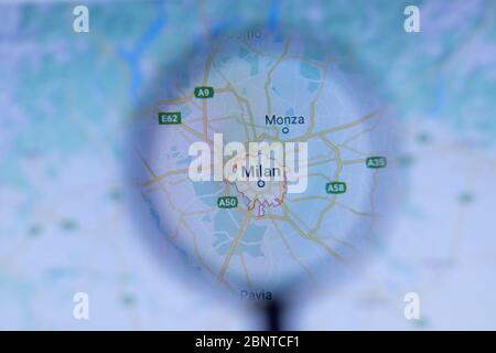 Los Angeles, California, USA - 1. Mai 2020: Milan City Stadtname mit Standort auf der Karte Nahaufnahme, illustrativ Editorial Stockfoto