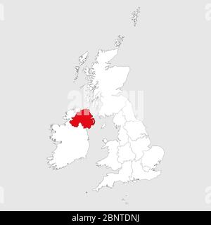 Nordirland Karte rot markiert auf der politischen Karte des vereinigten Königreichs. Hellgrauer Hintergrund. Perfekt für Geschäftskonzepte, Hintergründe, Hintergrund, cha Stock Vektor