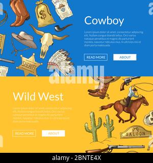 Vector Wildwest Cowboy Web Banner mit Pferden, Kakteen und Kuhschädel Stock Vektor