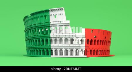 Kolosseum oder Kolosseum in Farben der italienischen Ffag auf grünem Hintergrund. Symbol von Rom und Italien. 3d-Darstellung Stockfoto