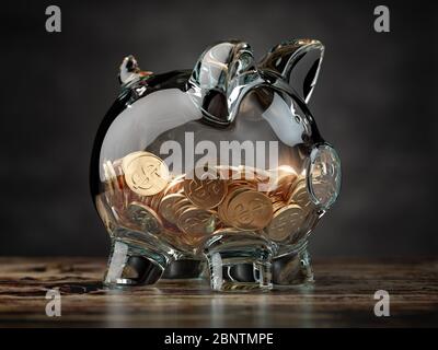 Sparschwein mit goldenen Münzen. Finanzielle Investitionen, Einsparungen und Familienbudget Konzept Hintergrund. 3d-Darstellung Stockfoto