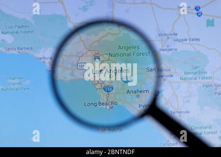Los Angeles, California, USA - 1. Mai 2020: Los Angeles City Stadtname mit Standort auf der Karte Nahaufnahme, illustrativ Editorial Stockfoto
