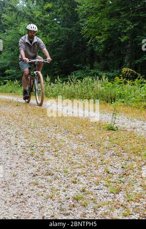 Mann Radfahren auf Rob Brook Road in Albany, New Hampshire USA. Diese unbefestigte Straße folgt Teilen der alten Bartlett und Albany Railroad, die ein Holzfäller ra war Stockfoto