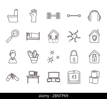 Quarentine Linie Stil Symbol Set Design von Covid 19 Virus Thema Vektor-Illustration Stock Vektor