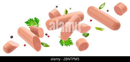 Fallende gekochte Würste isoliert auf weißem Hintergrund Stockfoto