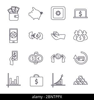 Linie Stil Symbol Satz von Geld Finanzbankwesen Handel und Markt Thema Vektor-Illustration Stock Vektor