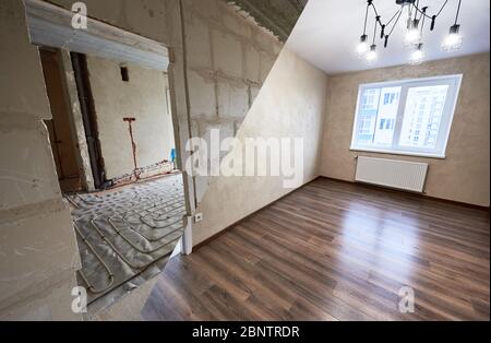 Vergleich der Zimmer in der Wohnung vor und nach der Renovierung. Geräumiges helles Zimmer mit modernem Holzlaminat und Kronleuchter vs leere Tür mit Blick auf ein anderes unvollendetes Zimmer. Baukonzept Stockfoto