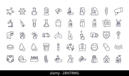 Linie Stil Symbol Set Design von Medical Care Gesundheit und Notfall Thema Vektor-Illustration Stock Vektor