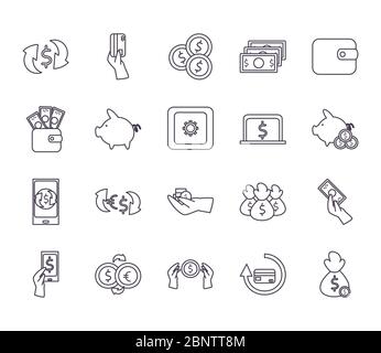 Linie Stil Symbol Satz von Geld Finanzbankwesen Handel und Markt Thema Vektor-Illustration Stock Vektor