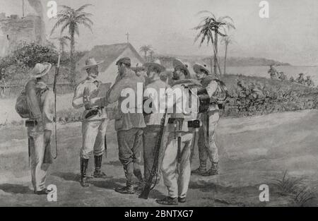 Guerra hispano-estadounidense o Guerra de Cuba. Conflicto bélico entre España y Estados Unidos en 1898, resultado de la intervención estadounidense en la guerra de independencia cubana. CAPTURA de dos redactores corresponsales del periódico norteamericano'World', en la Playa del Salado (Kuba). Dibujo de M. Alcázar. Fotograf por Laporta. La Ilustración Española y Americana, 30 de Mayo de 1898. Stockfoto