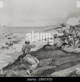 Guerra hispano-estadounidense o Guerra de Cuba. Conflicto bélico entre España y Estados Unidos en 1898, resultado de la intervención estadounidense en la guerra de independencia cubana. Guerrilla española rechazando el desembarco de las tropas norteamericanas en la costa de Cienfuegos (Kuba). Dibujo de M. Alcázar, alle. Fotograf por Laporta. La Ilustración Española y Americana, 22 de Mayo de 1898. Stockfoto