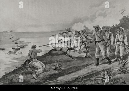 Guerra hispano-estadounidense o Guerra de Cuba. Conflicto bélico entre España y Estados Unidos en 1898, resultado de la intervención estadounidense en la guerra de independencia cubana. Guerrilla española rechazando el desembarco de las tropas norteamericanas en la costa de Cienfuegos (Kuba). Dibujo de M. Alcázar. Fotograf por Laporta. La Ilustración Española y Americana, 22 de Mayo de 1898. Stockfoto