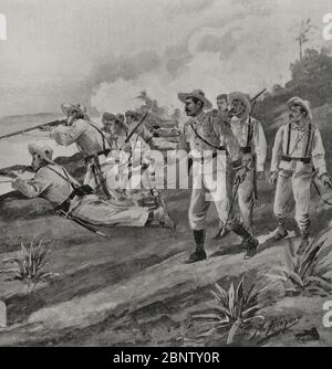 Guerra hispano-estadounidense o Guerra de Cuba. Conflicto bélico entre España y Estados Unidos en 1898, resultado de la intervención estadounidense en la guerra de independencia cubana. Guerrilla española rechazando el desembarco de las tropas norteamericanas en la costa de Cienfuegos (Kuba). Dibujo de M. Alcázar, alle. Fotograf por Laporta. La Ilustración Española y Americana, 22 de Mayo de 1898. Stockfoto