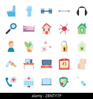 Quarentine flacher Stil Icon Set Design von Covid 19 Virus Thema Vektor-Illustration Stock Vektor