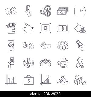 Linie Stil Symbol Satz von Geld Finanzbankwesen Handel und Markt Thema Vektor-Illustration Stock Vektor