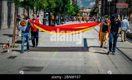 Straßendemonstration der rechtsextremen Partei Spaniens Vox-Wähler während der Coronavirus-Pandemie. Selektiver Fokus auf die Shi Stockfoto